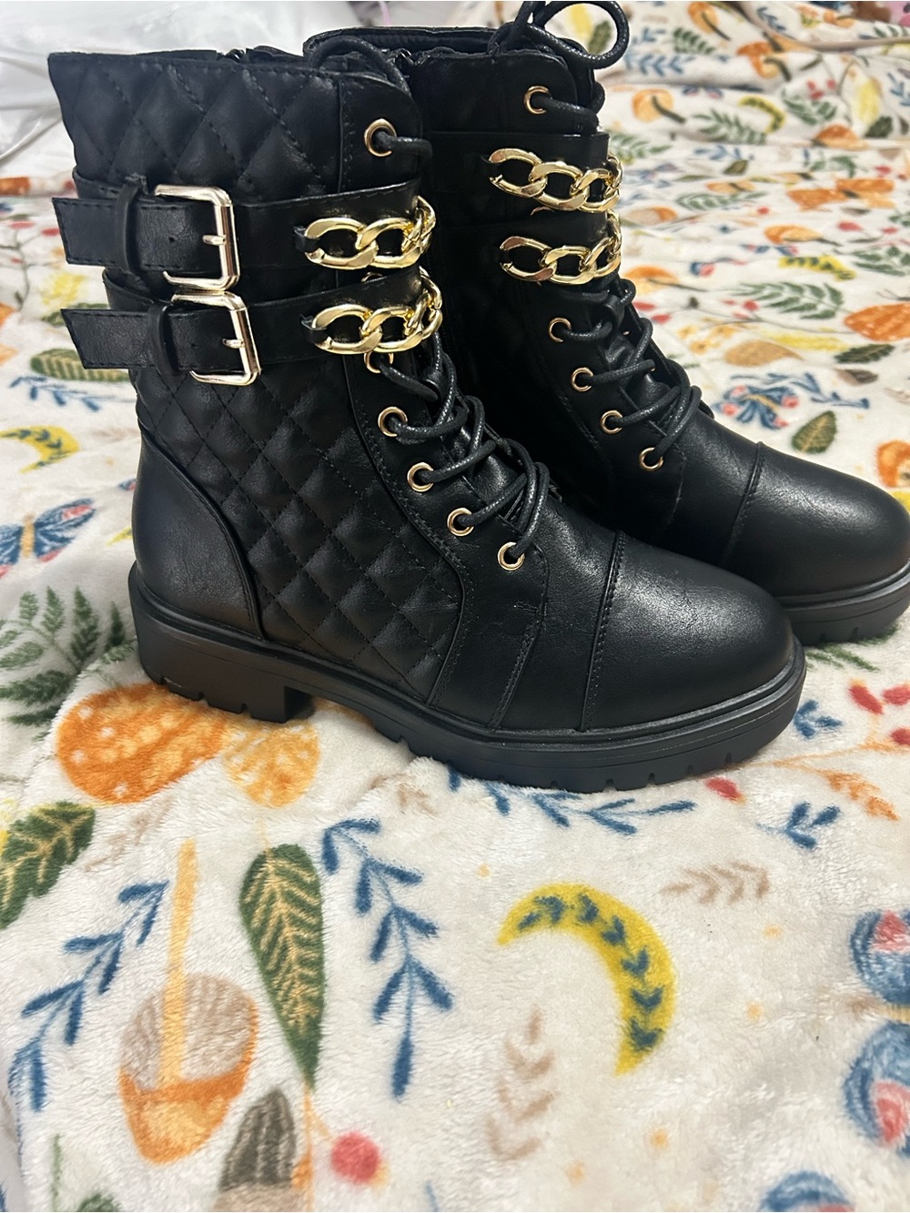 Quilted Lace-Up Combat Boots with Gold Chain Detail - Black